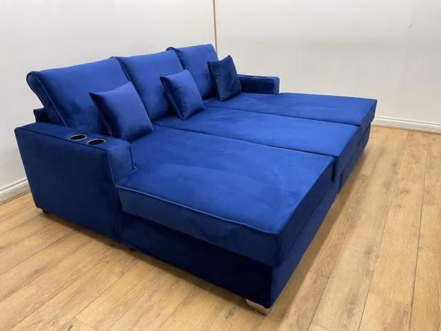 HOB Furniture Charles Cinema U-Shape Velvet Sofa in Dark Blue with Cup Holders