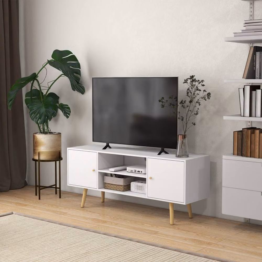 Wyld Haus Vido White TV Cabinet with Open Shelves and Wooden Legs, W: 120 cm, H: 52 cm, D: 34 cm – 3