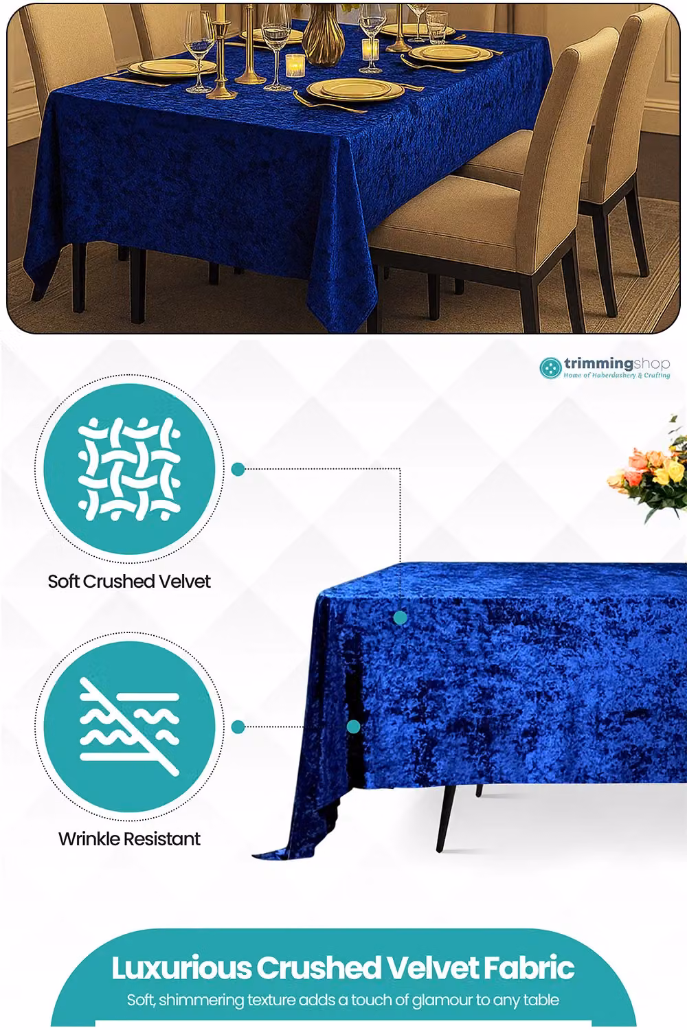 Neel Blue Diamond Velvet Rectangular Tablecloth in Navy Blue, W: 228.6 cm x L: 396.24 cm – 2