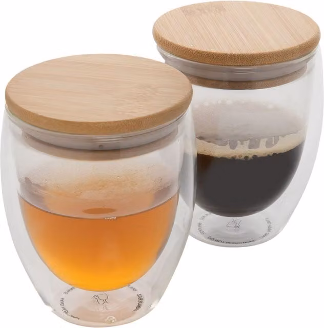 XD Design Double Wall Bamboo Glass Tumbler, Clear, 250 ml, Pack of 2