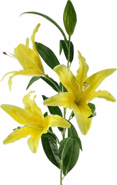 Single Large Yellow Lily Stem with 3 Flowers and Leaves in Textile Material
