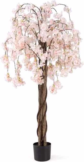 Gymax 163 cm Tall Artificial Cherry Blossom Tree with White and Pink Flowers in Nursery Pot