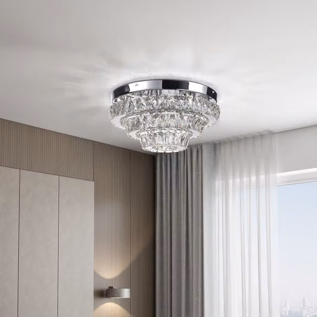 Livingandhome Modern Round 3-Layer Crystal and Stainless Steel Ceiling Light in Chrome