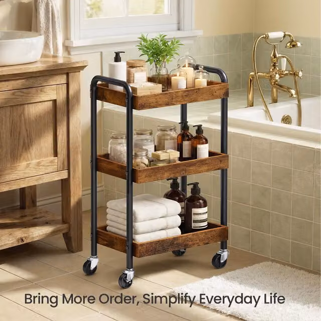SONGMICS 3-Tier Rolling Kitchen Storage Trolley with Wheels in Rustic Brown