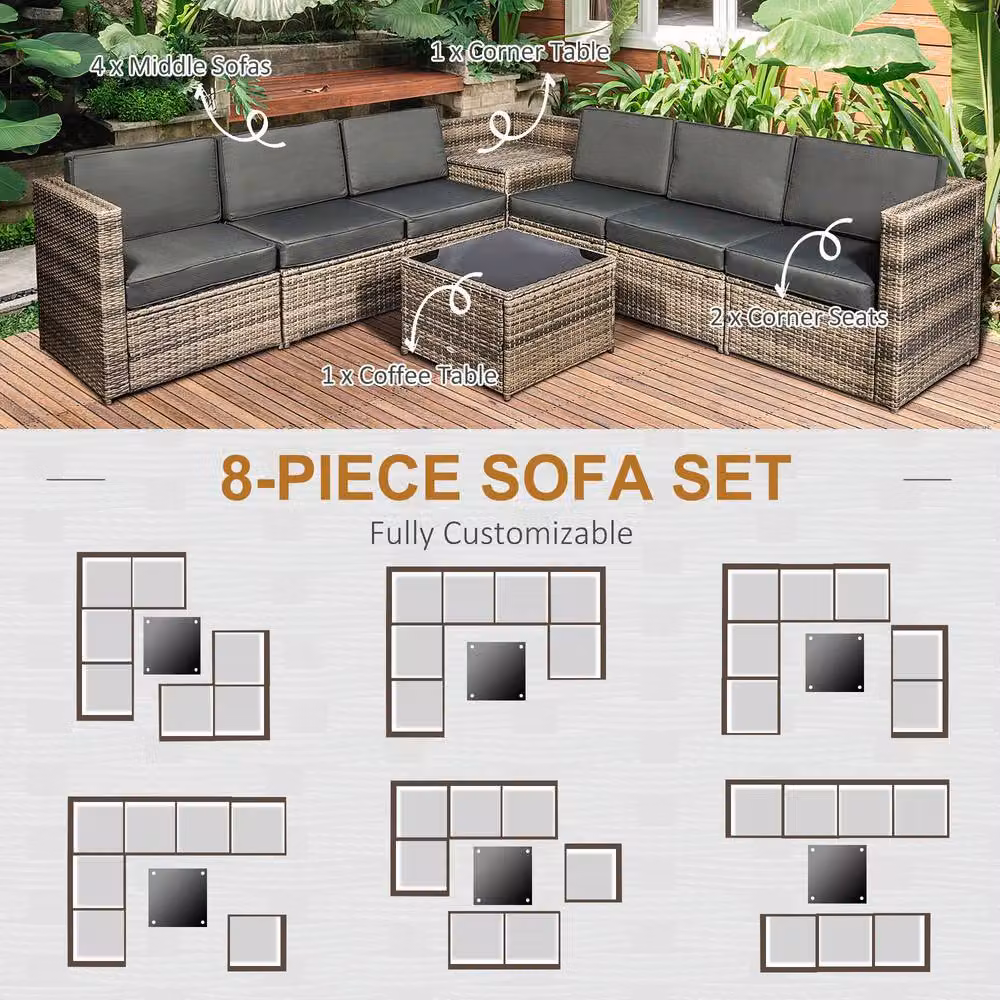 OUTSUNNY 8-Piece Brown Rattan Patio Sofa Set with Cushions and Side Table – 4