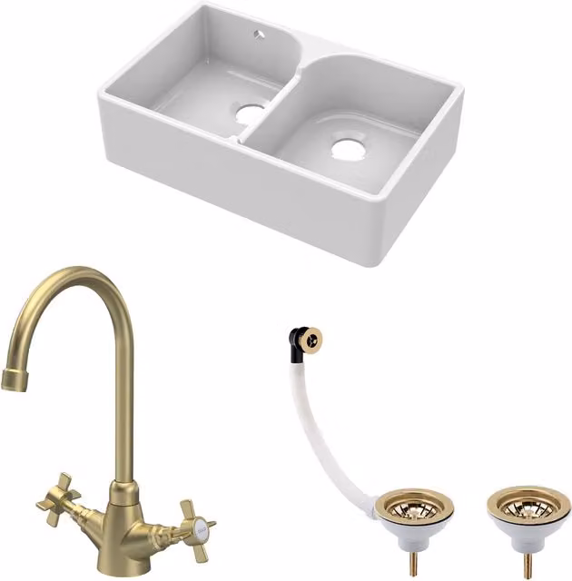 Balterley White Ceramic Double Bowl Butler Sink with Brushed Brass Crosshead Mixer Tap and Wastes, W: 79.5 cm