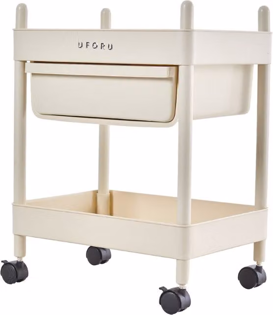 Livingandhome 2-Tier Plastic Storage Cart with Drawer in Beige and White