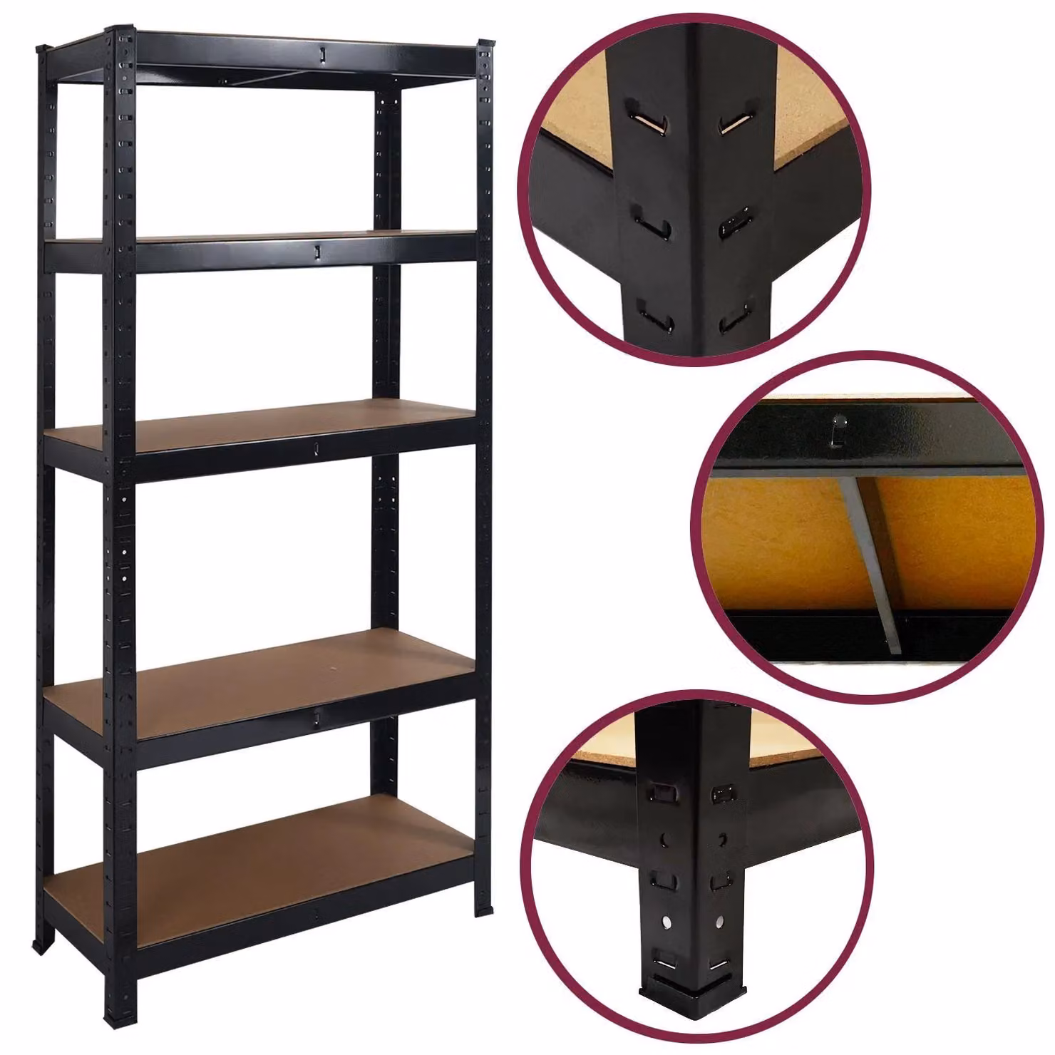 House of Home Heavy Duty 5 Tier Boltless Steel Shelving Unit with MDF Shelves, Black, H 180 x W 90 x D 40 cm – 3