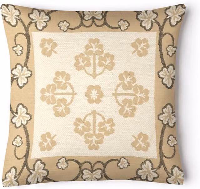 Ashley Mills Chenille Floral Square Cushion in Beige and White