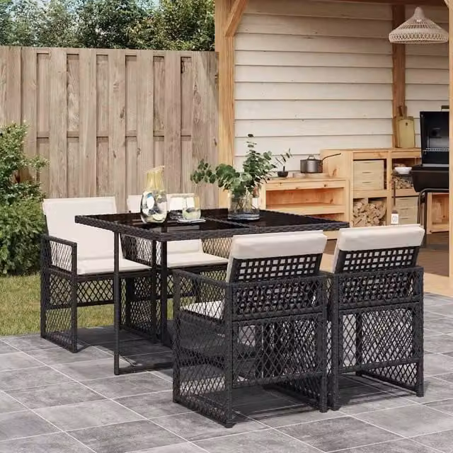 Berkfield Home 5 Piece Black Poly Rattan Garden Dining Set with Cushions and Glass Top