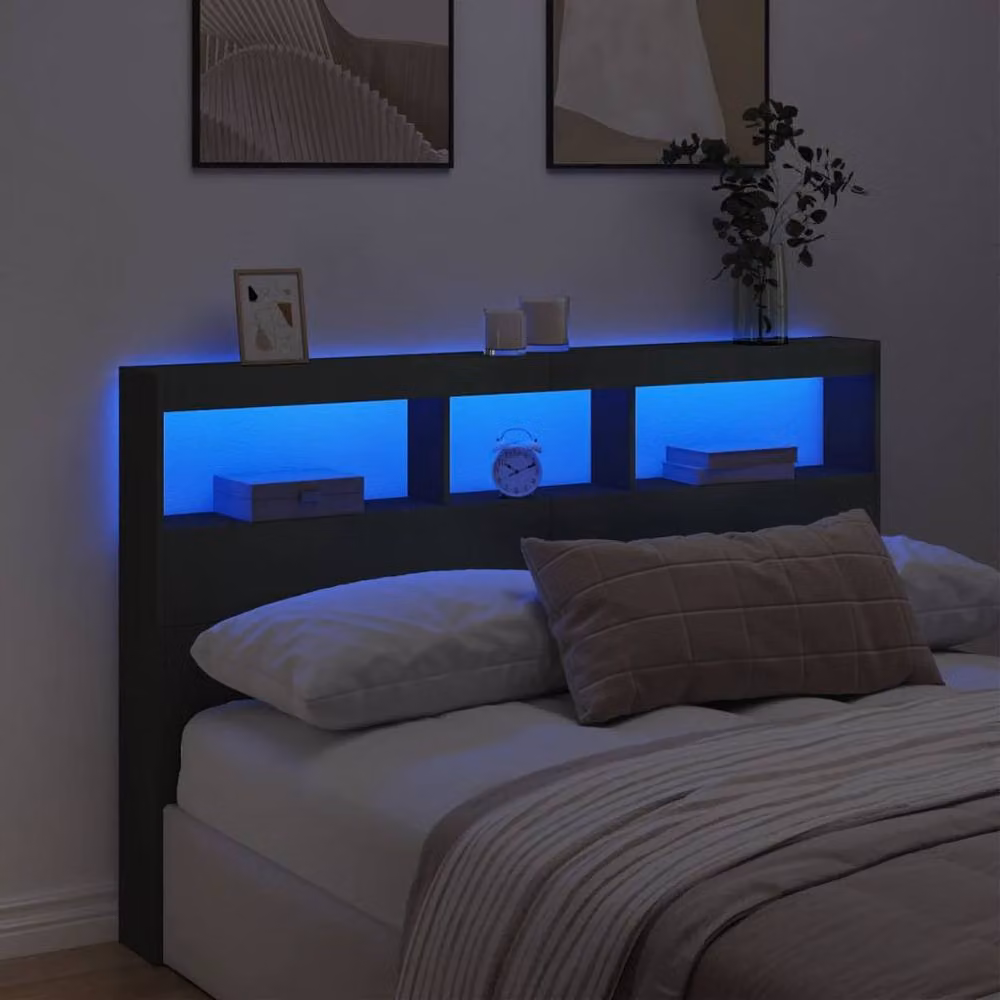 Berkfield Home Modern Black Headboard Cabinet with LED Lighting and USB Charging Port, W/D/H: 160 x 17 x 102 cm – 4