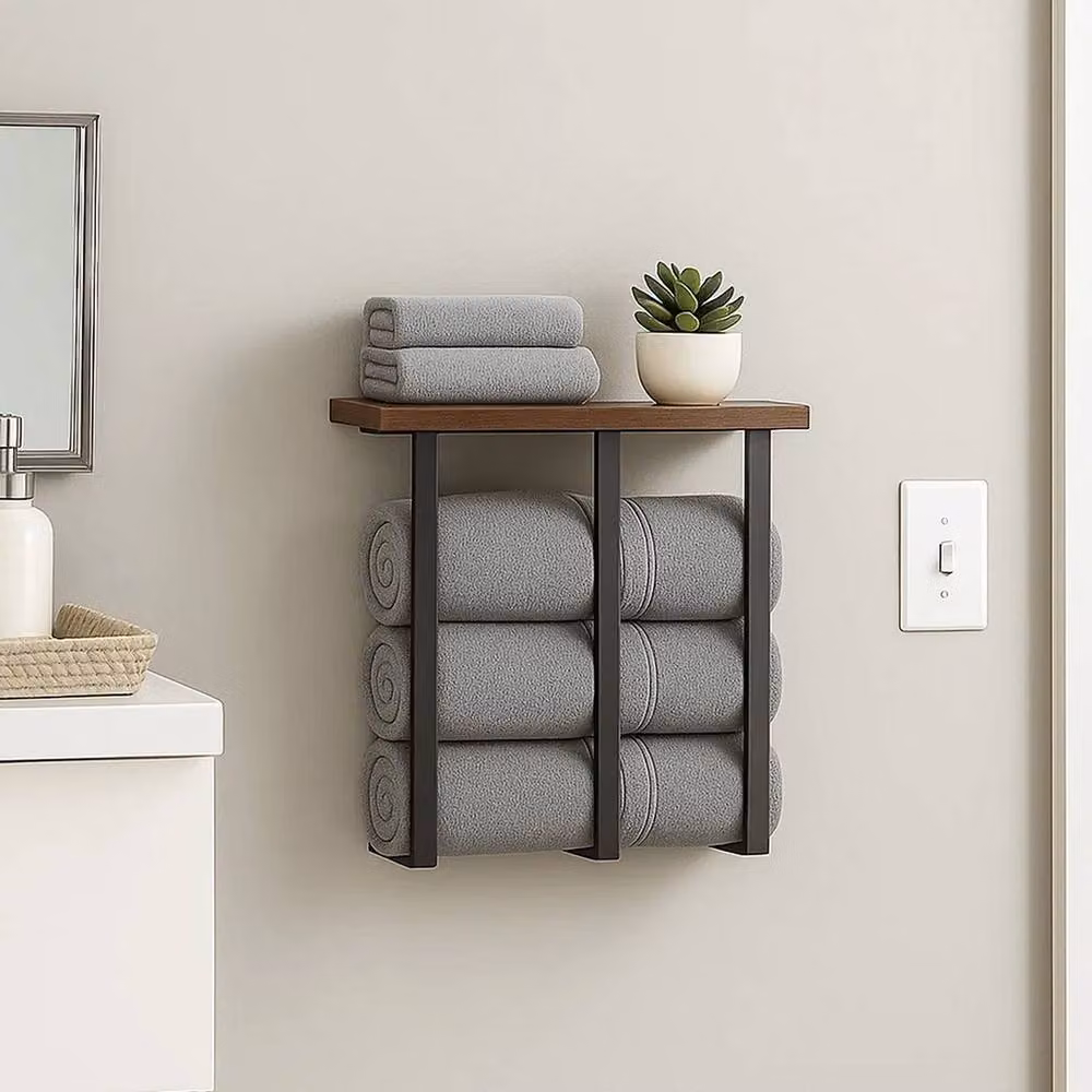Nordara Brown 3-Bar Wall Mounted Towel Rack with Shelf in Metal and Wood – 2
