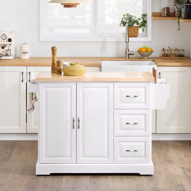 SoBuy Extendable Kitchen Island in White with Glossy Wood and Metal Finish