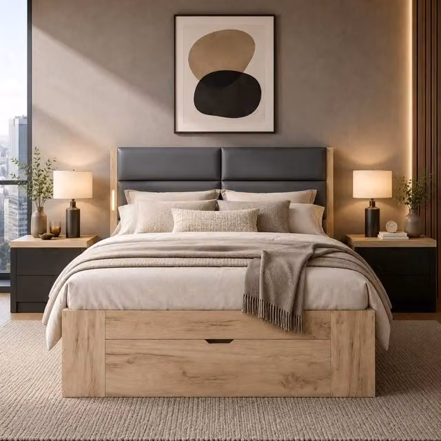 Merax Double Storage Bed with Drawers and Integrated LED Lighting in Brown, W/D/H: 135 x 190 x 105 cm