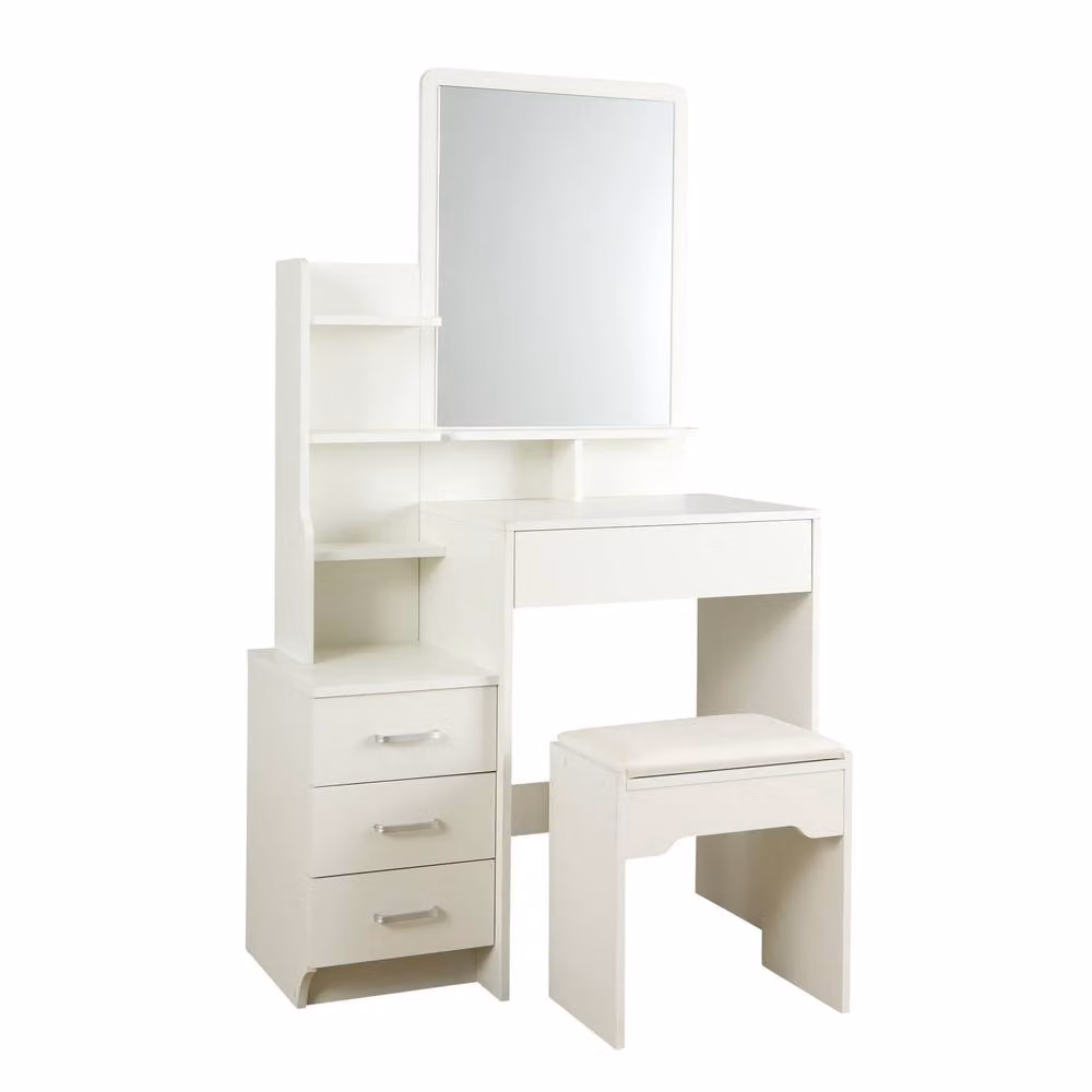 Home Source Arlo 4 Drawer Dressing Table Vanity Desk with Mirror and Cushioned Stool in White – 4