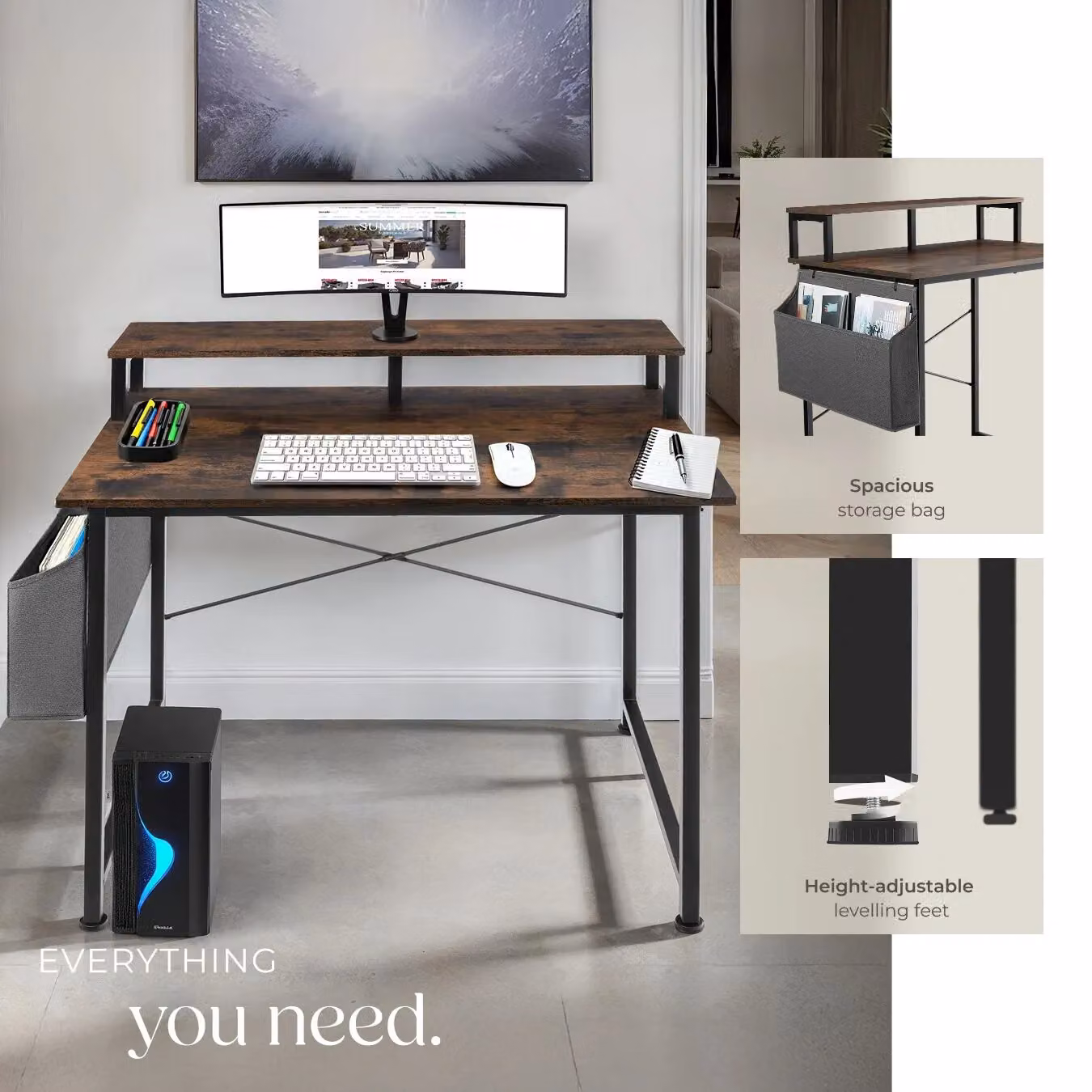 tectake Industrial Computer Desk with Shelving and Fabric Storage Bag in Brown and Black, W: 120 cm, D: 60 cm – 4
