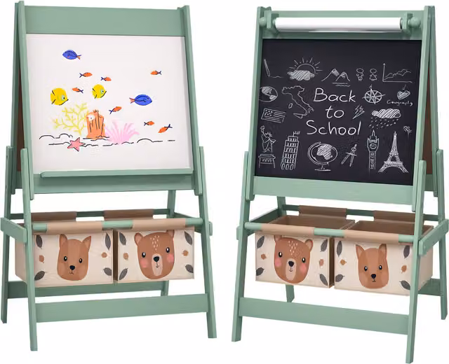 AIYAPLAY 3-in-1 Kids Easel with Paper Roll, Magnetic Whiteboard and Chalkboard with Storage Tray, Green – 1