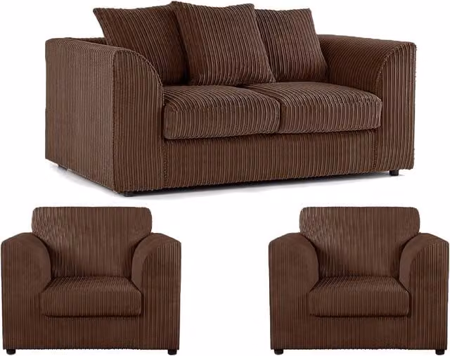 Furnishings For Less UK Luxor 3 Piece Sofa Suite in Chocolate Brown Jumbo Cord Fabric with Scatter Cushions
