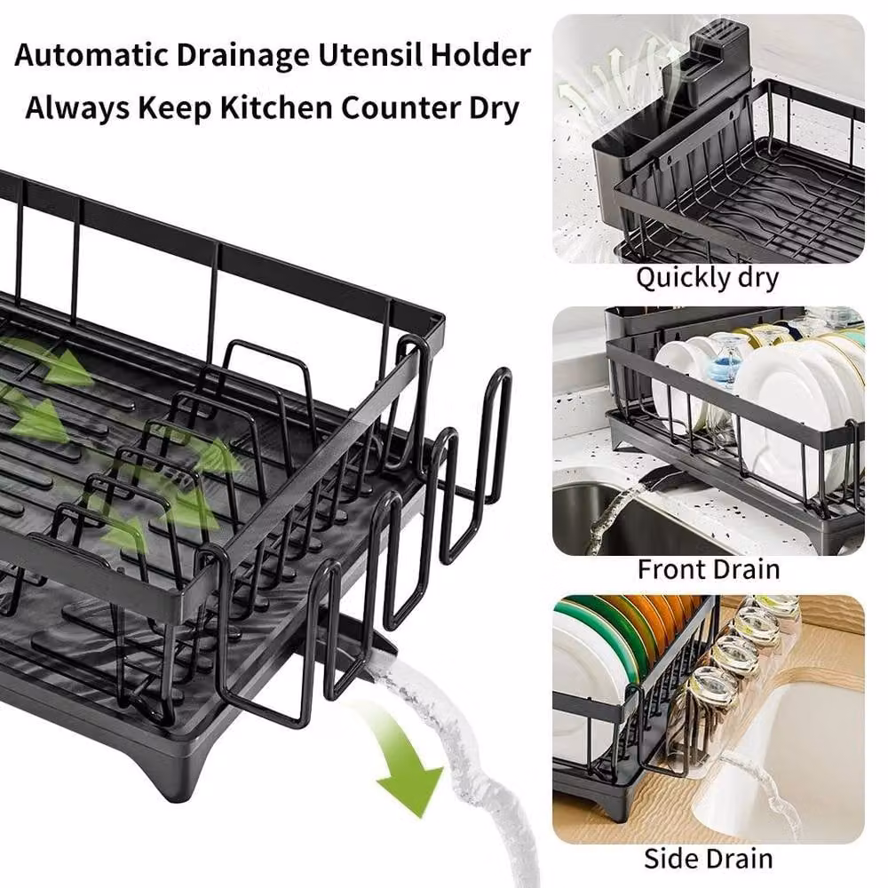 SPETLEK Black Coated Steel Kitchen Dish Drainer Rack with Cutlery and Cup Holder – 4