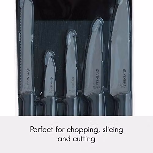 Viners 5 Piece Knife and Chopping Board Set with Stainless Steel Knives and Grey Handles – 5