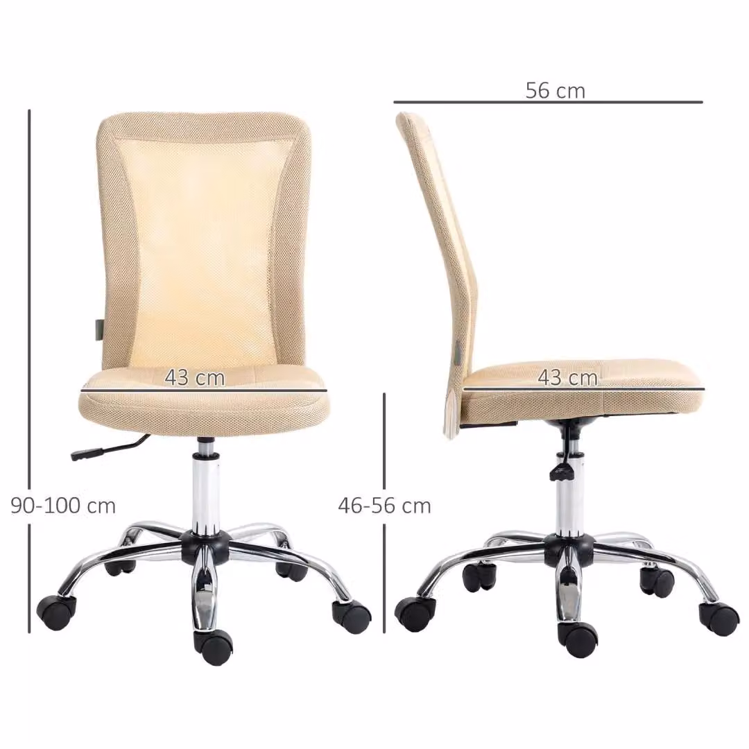 EONLION Armless Task Chair in Beige with Fabric and Metal Construction, H 90 x W 46 x D 43 cm – 2