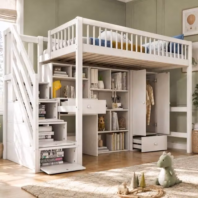 Rolipo White Lacquered Solid Pine Single Elevated Childrens Bed with Stairs and Side Compartments, W/D/H: 140 x 200 cm