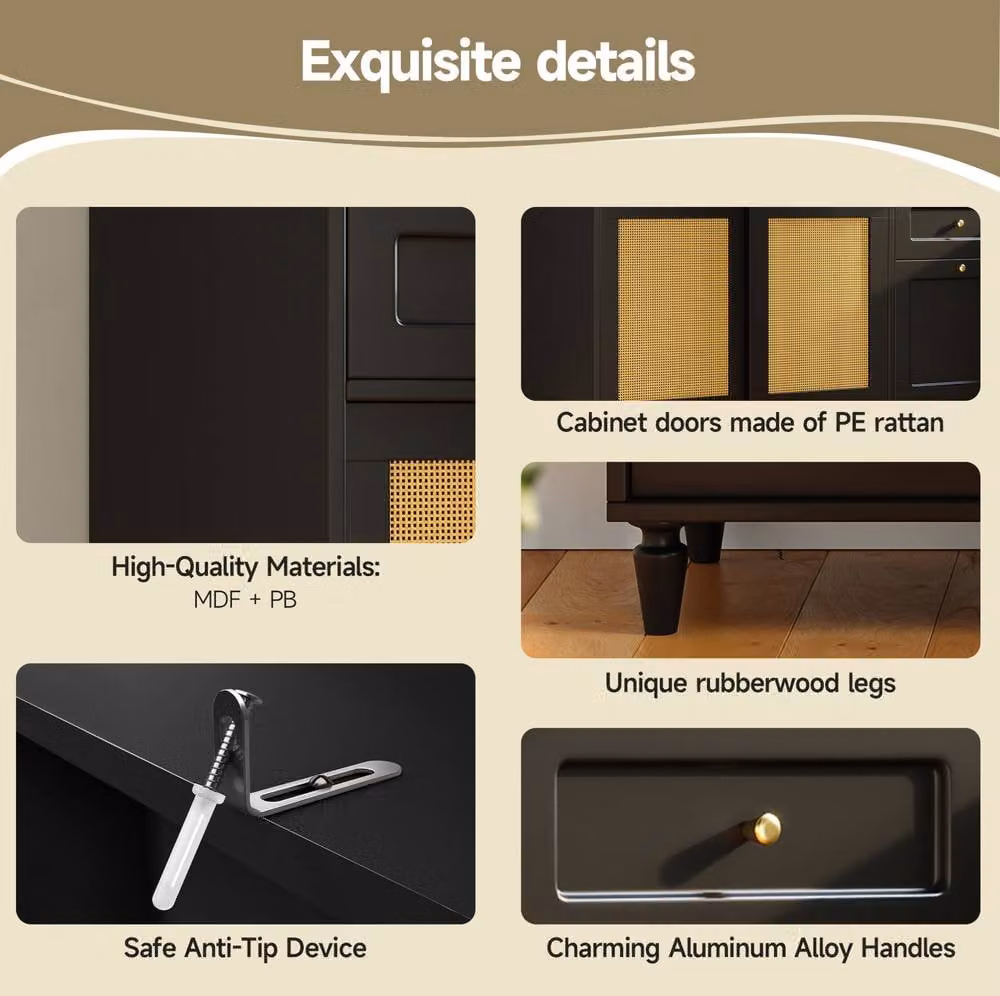 STILVORA Modern Black Kitchen Base Cabinet with Sliding Glass Doors, Internal Drawers and Integrated Lighting – 4