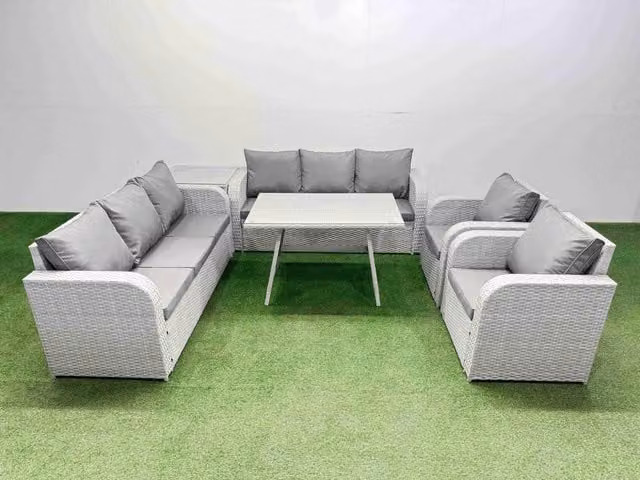Fimous Rattan High Back Lounge Sofa Set with Reclining Chairs and Side Table in Light Grey