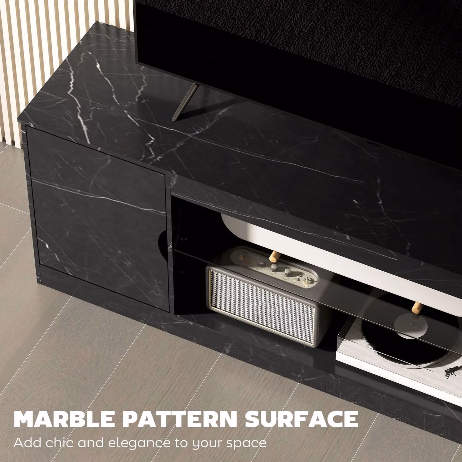 HOMCOM Marble Effect TV Stand Cabinet with Glass Shelf in Black, W: 150 cm, D: 35 cm – 4