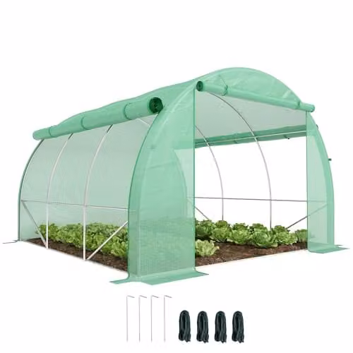 Outsunny Green Polytunnel Greenhouse with Roll-up Side Walls and Windows, W/D/H: 300 x 300 x 200 cm