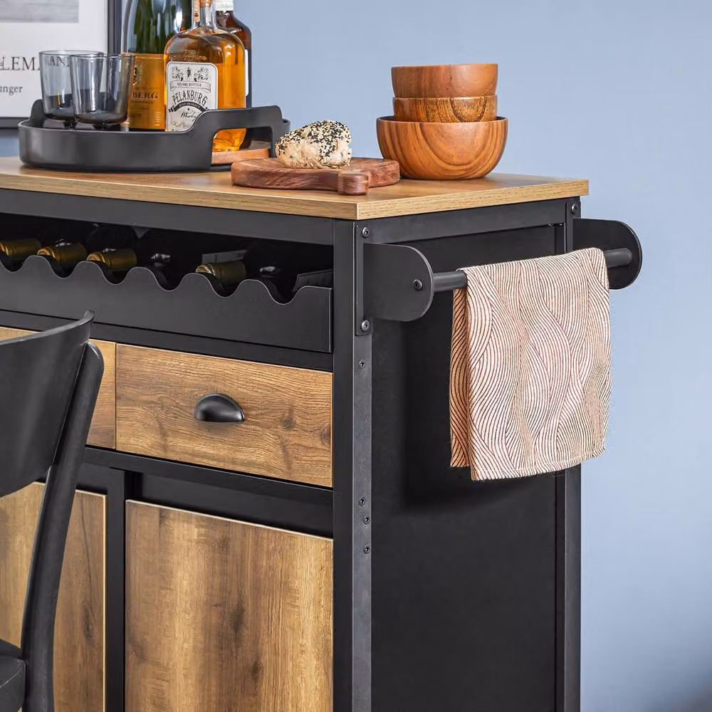 SoBuy Industrial Kitchen Trolley with Wine Rack and Storage in Brown and Black – 7