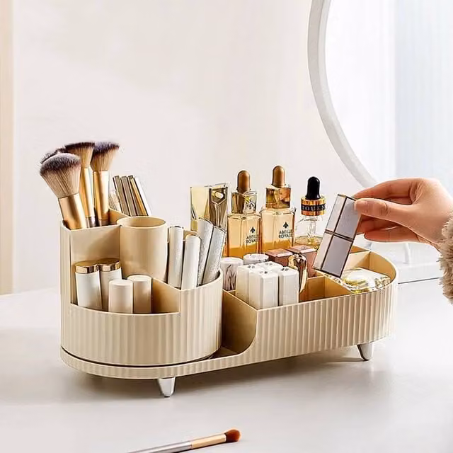 FORGEVIO Rotating Plastic Makeup and Cosmetic Storage Organiser in Beige