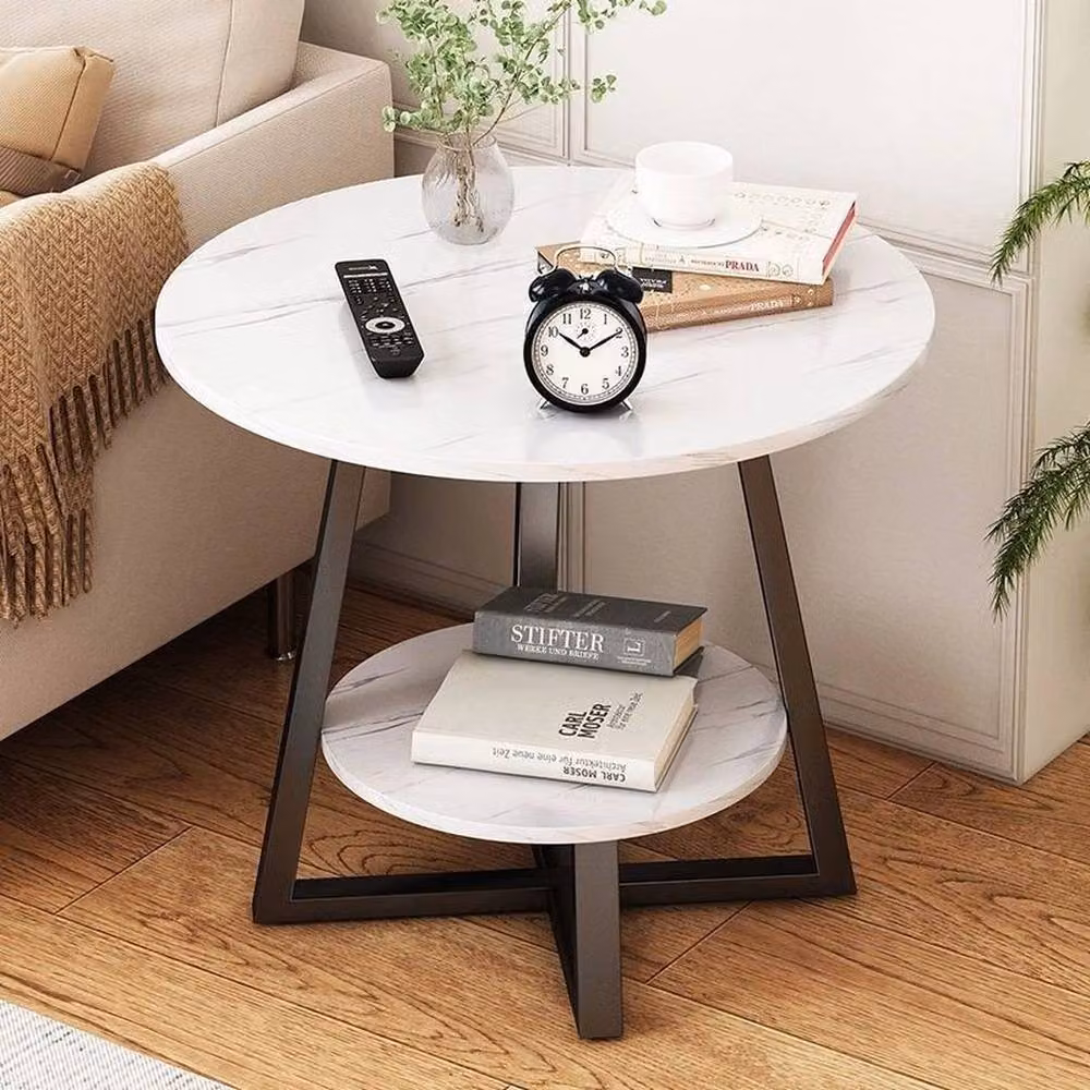 SPETLEK Marble Effect Round Side Table in White and Black with Glossy Finish – 3