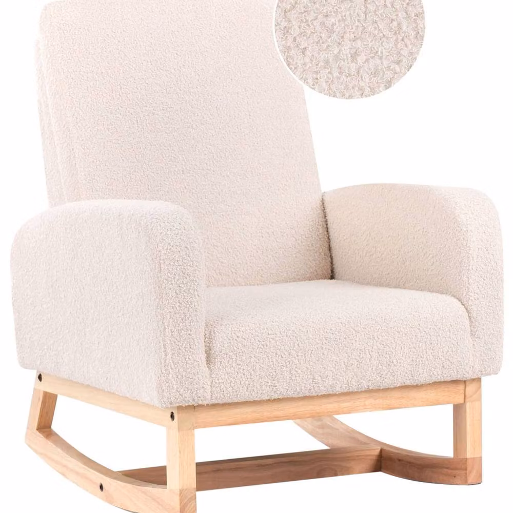 Wyld Haus Kids Highback Rocking Chair in Light Beige Bouclé with Rubberwood Frame – 2