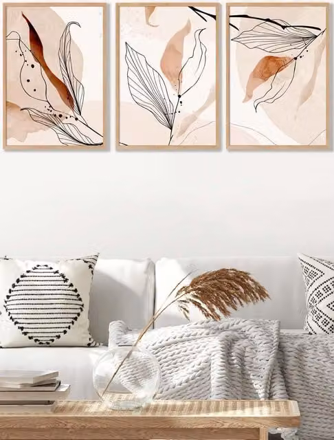 ARTZE Set of 3 Autumn Leaves Graphical Line Art Wall Decor in Pale Orange with Oak Frames, W: 45 cm, H: 62 cm, D: 2 cm