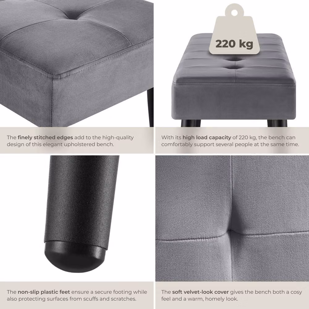 tectake Glora Upholstered Bench with Quilted Geometric Pattern in Grey Velvet – 4