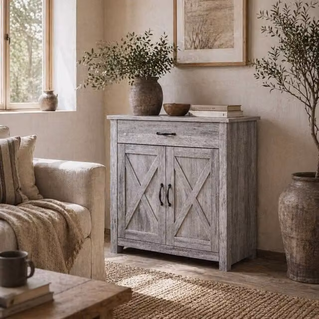 Wyld Haus Toro Noyo Grey Grain Farmhouse Sideboard with Sliding Barn Doors – 1