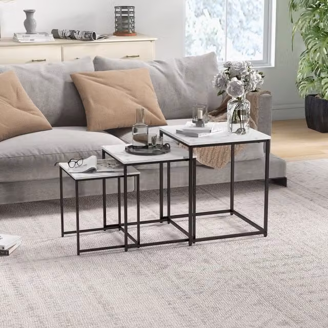 HOMCOM Nesting Tables Set of 3 with White Faux Marble Effect Tops