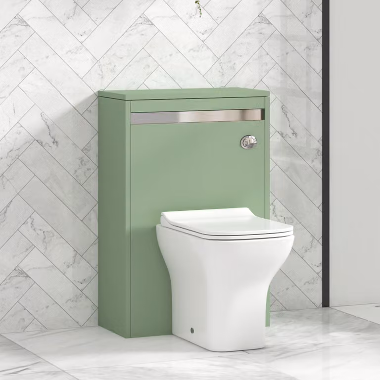 Royal Bathrooms Orion Mint Sage WC Unit with Qubix Rimless Toilet Pan, Slim Soft Close Seat and Cistern, Chrome Accent Trim, Width: 54 cm