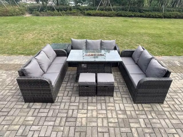 Fimous Rattan Garden Dining Set with Gas Fire Pit Table, Side Table, Lounge Sofa and 2 Small Footstools in Dark Grey