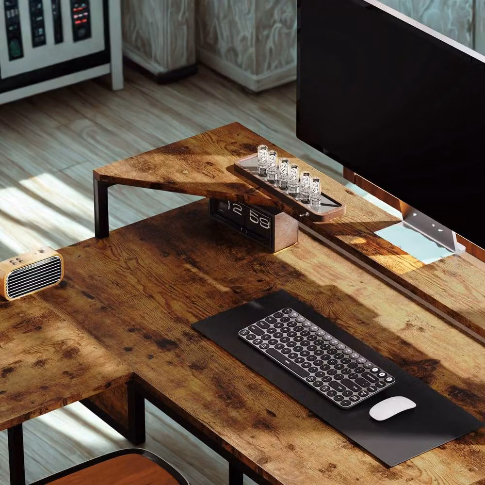 FURNOS Industrial L Shaped Corner Computer Desk with Storage in Brown and Black, W/D/H: 137.5 x 110 x 76.5 cm – 5