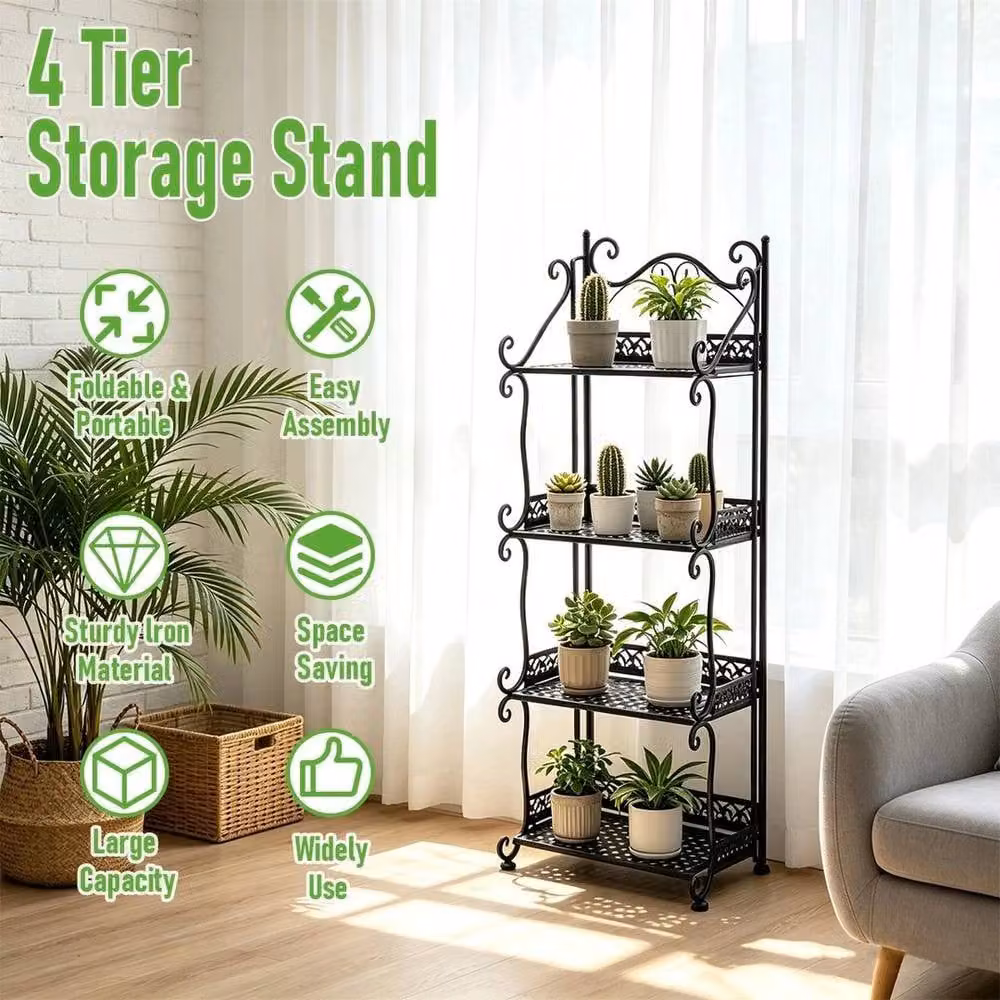 KORVIXA 4 Tier Foldable Metal Plant Stand Shelf Rack in Matt Black – 3