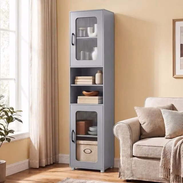 SPETLEK Modern Grey Freestanding Cabinet with Glass Doors for Living Room, Kitchen or Bathroom, H 170 x W 100 x D 50 cm