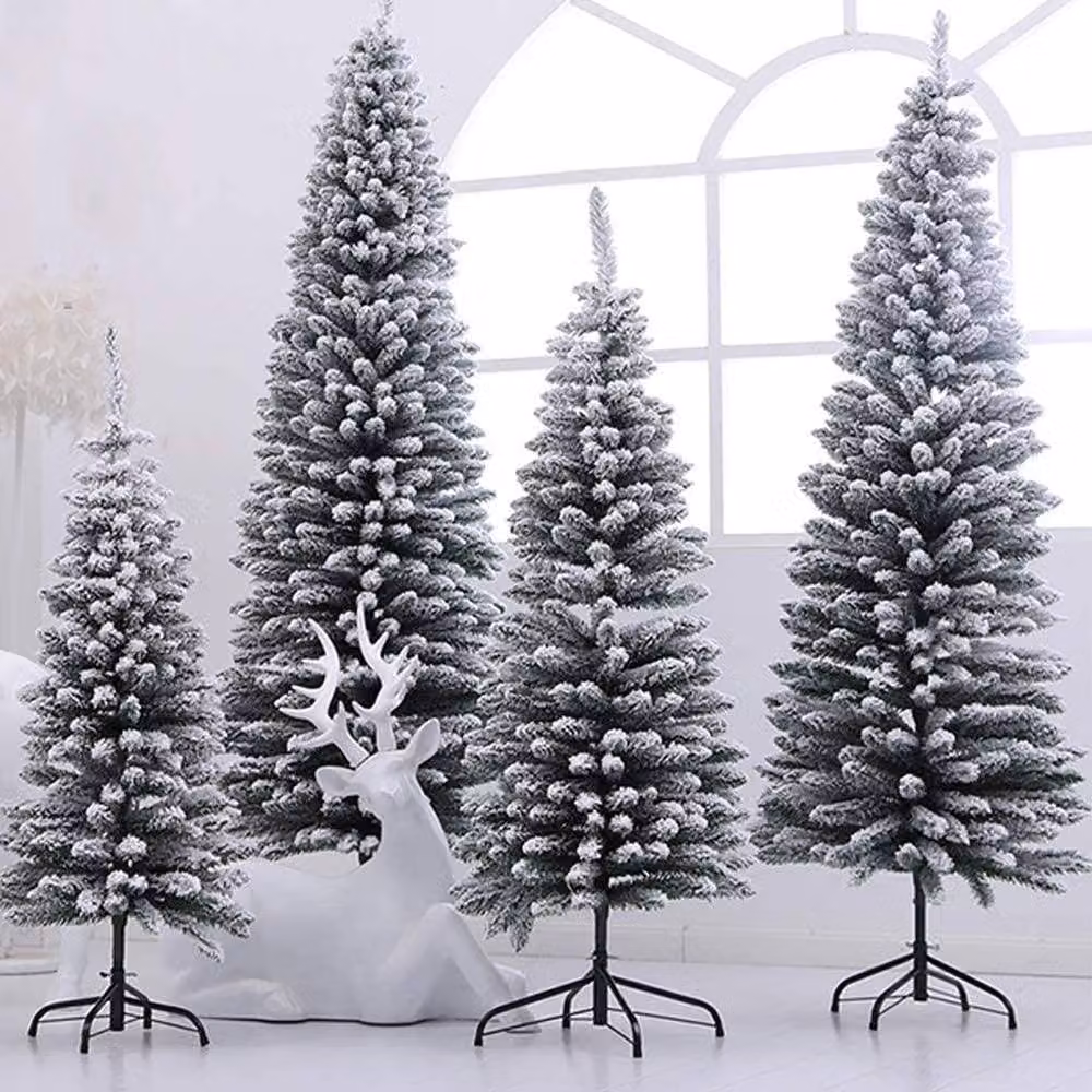 Shatchi 7ft Snow Flocked Artificial Slim Christmas Pencil Tree in White with Metal Stand – 4