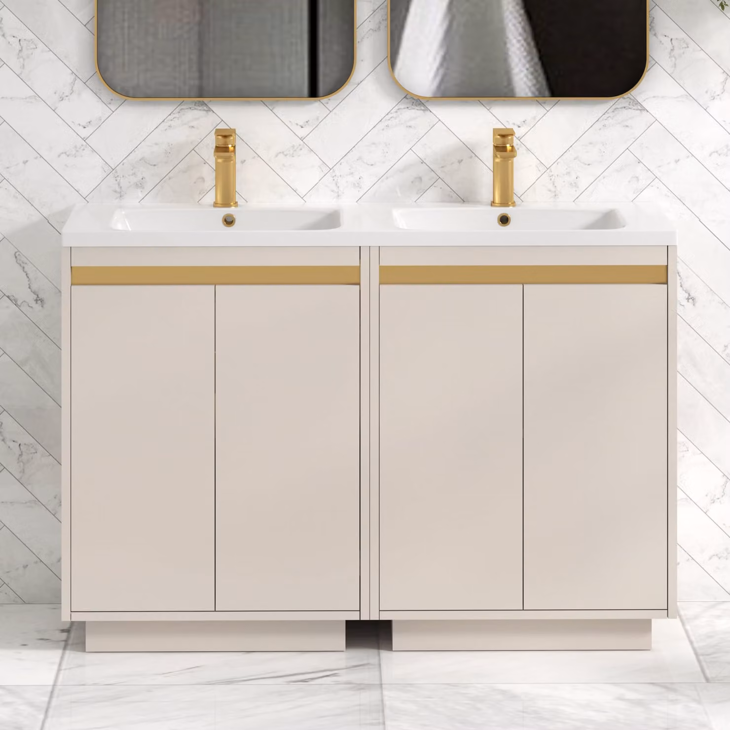Royal Bathrooms Orion 1200 Floor Standing 4 Door Vanity Unit in Warm Taupe with Ceramic Basin and Brushed Brass Trim