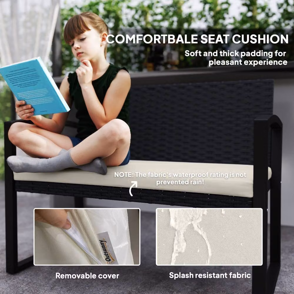 Wyld Haus Lalepa Black and Beige 2 Seater Woven Rattan and Metal Outdoor Bench – 6