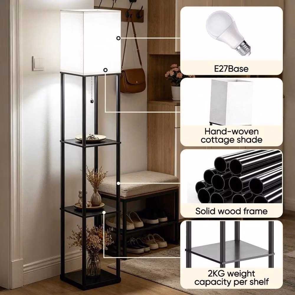 PAWNORA Modern Black Corner Floor Lamp with Shelves and LED Lighting – 3