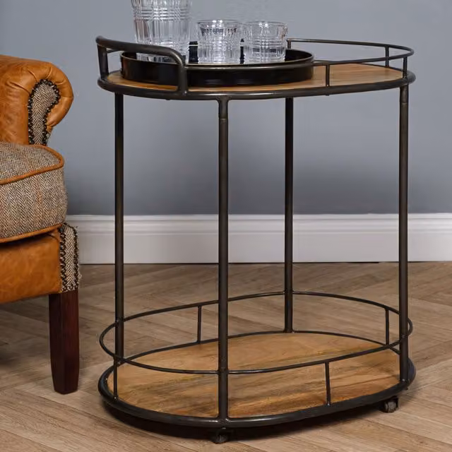 Elm Home And Garden Industrial Oval Drinks Trolley in Brown Waxed Oak and Metal with Castors