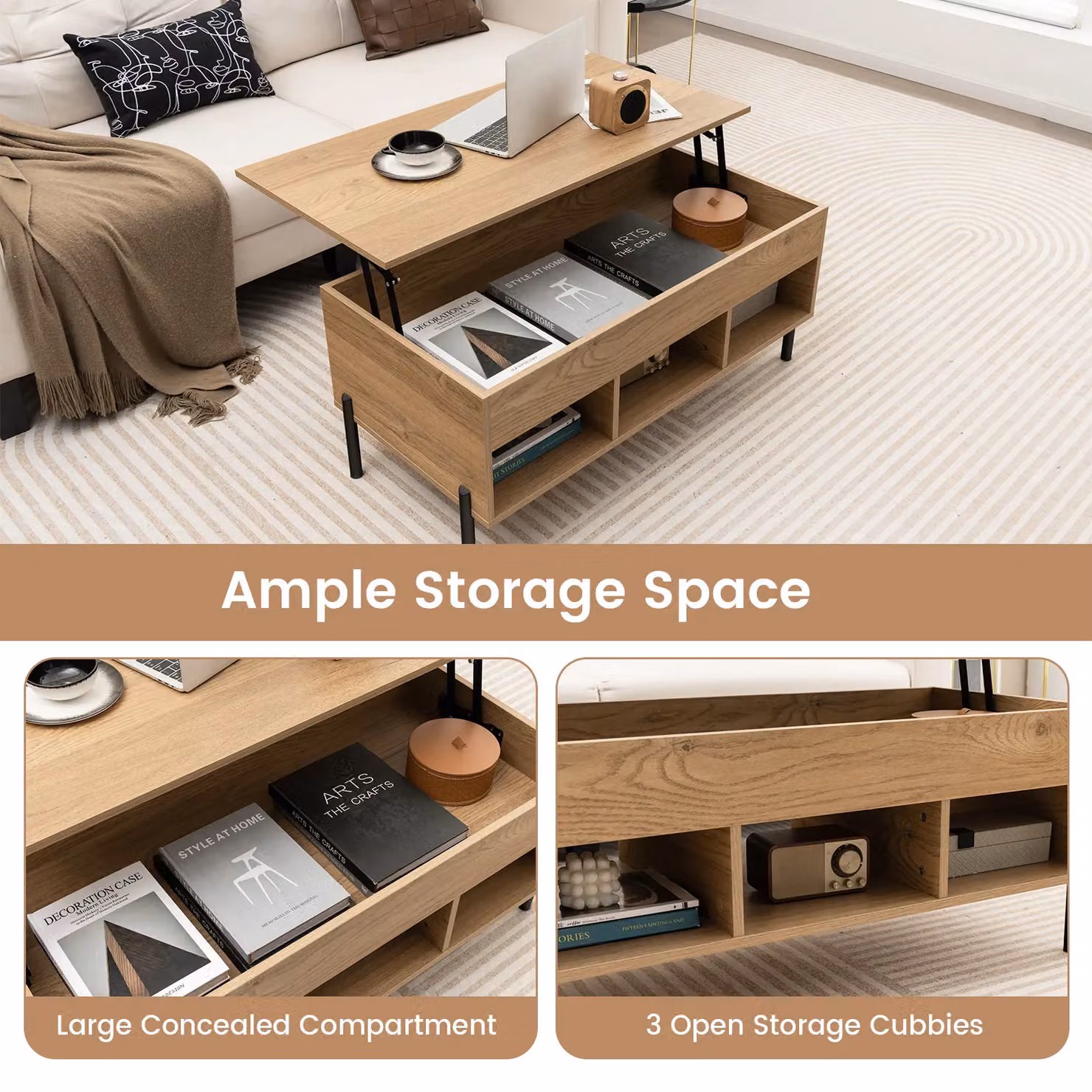 Gymax Modern Rectangular Lift Top Coffee Table with Large Compartment and Metal Legs in Beige or Brown – 2