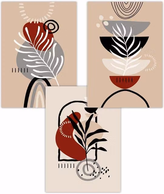 ARTZE Set of 3 Boho Abstract Floral Wall Art Posters in Black, Beige, Red and Grey, W: 42 cm x H: 59 cm